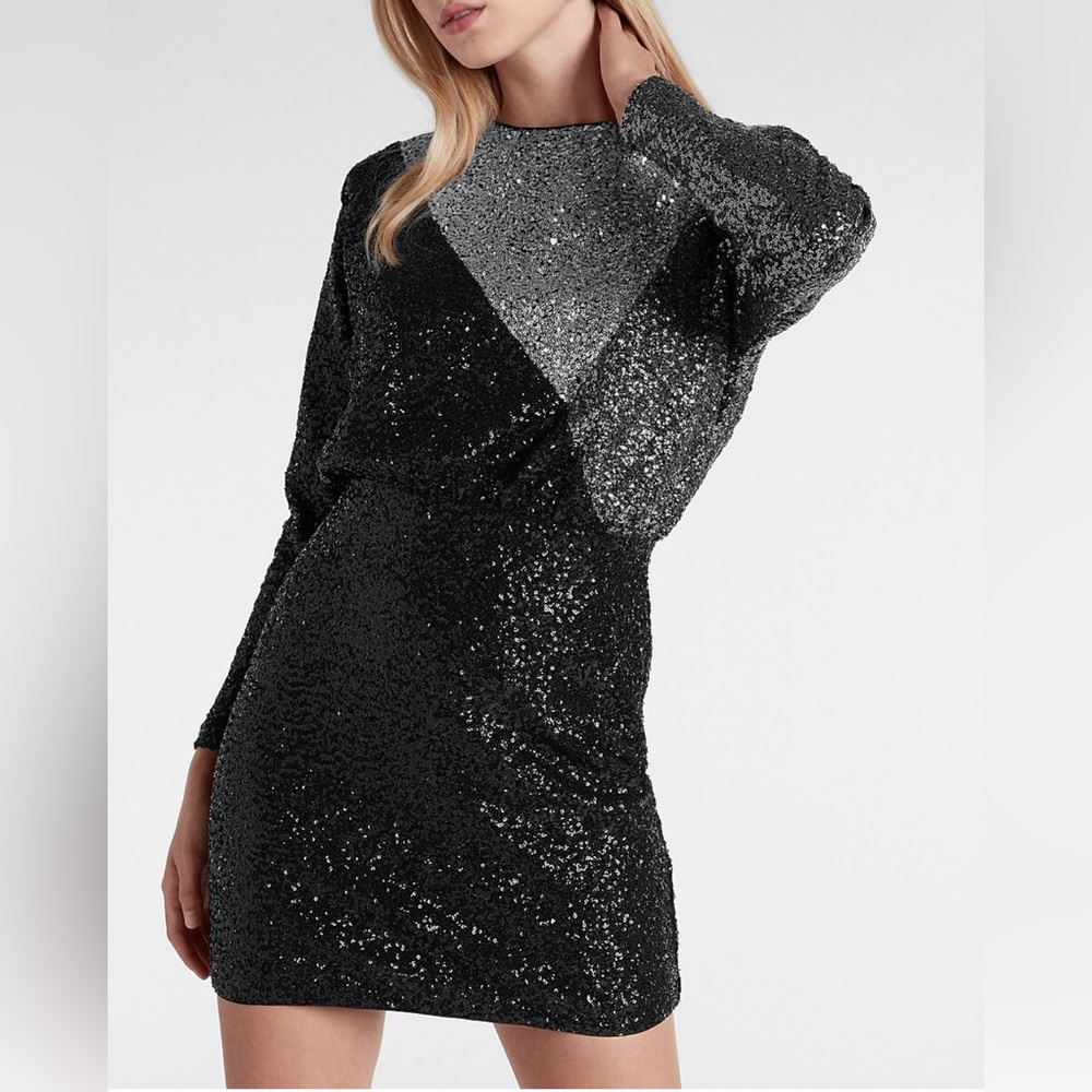 Express Color Block Sequin Strong Shoulder Long Sleeve Mini Cocktail Dress Sz XS